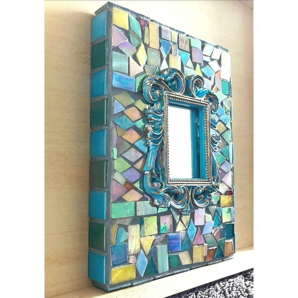 Stained Glass Mosaic Mirror Frame Colorful Handmade Glass Tile Boho Decor 8x6